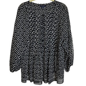 Max Edition Womens Chiffon Blouse XL Black White Dot Print Pintucked Sheer